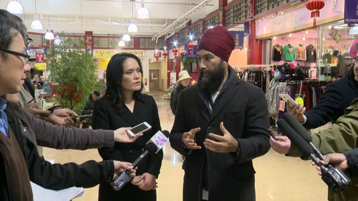 Federal NDP leader Jagmeet Singh meets with reporters during a tour of Chinatown in Vancouver on Friday, October 20.