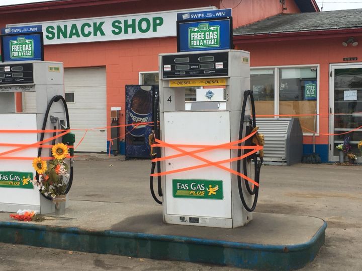 Five days after the owner of the Fas Gas in Thorsby was killed in a gas-and-dash, the station remains closed and flowers sit outside.