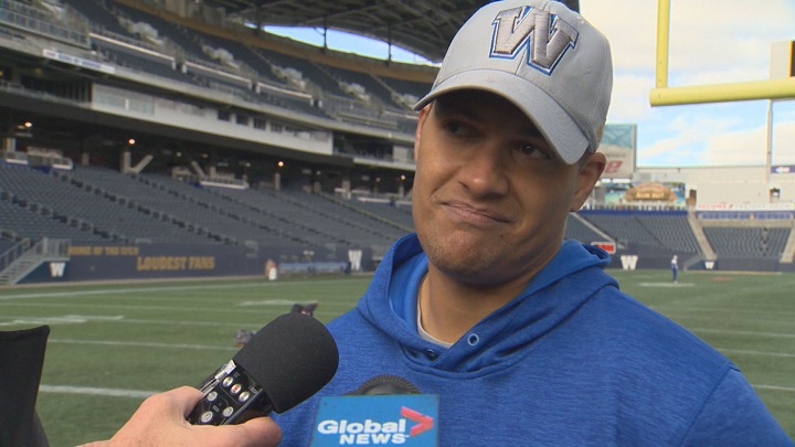 Winnipeg Blue Bombers kicker Justin Medlock speaks with the media following practice on Tuesday at Investors Group Field.