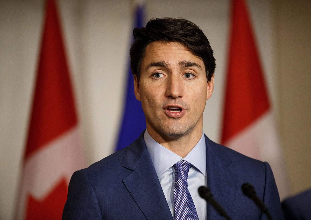 Justin Trudeau speaks during a media availability at the Fairmont Hotel Macdonald in Edmonton, Alta., on Saturday, Oct. 21, 2017. 