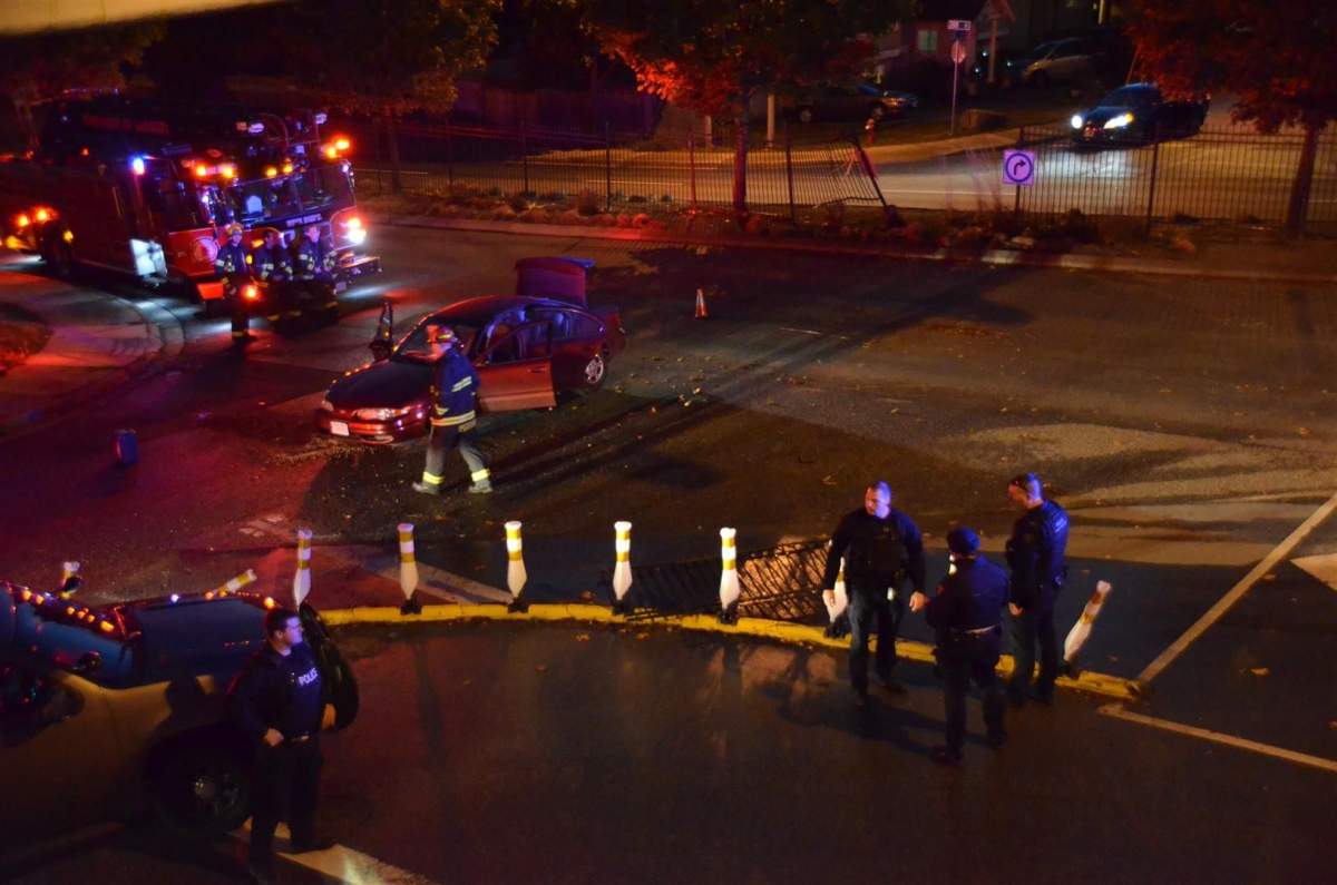 The scene at 68th Ave. and 200th St. in Langley, where a vehicle that attempted to avoid a traffic stop in Surrey crashed just minutes later.