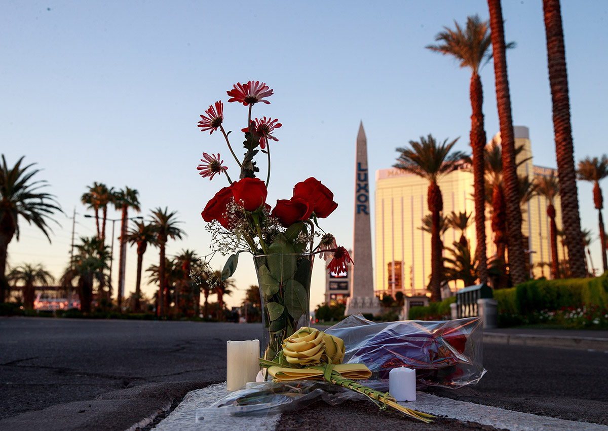 Flowers were left on Las Vegas Blvd. near the scene of Sunday night's mass shooting, October 3, 2017 in Las Vegas, Nevada. 