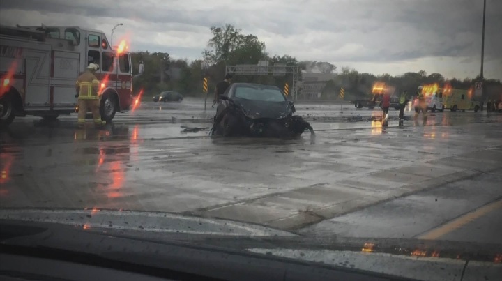 The Sûreté du Québec is investigating after three people were injured in a multi-vehicle collision on Highway 15 North in Laval on Sunday, Oct. 8, 2017. 