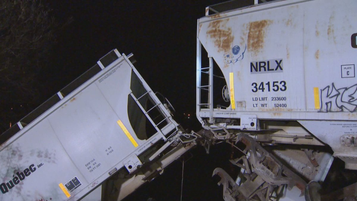 A train derailed and plunged into a river Thursday night in Laval, Friday, October 13, 2017.