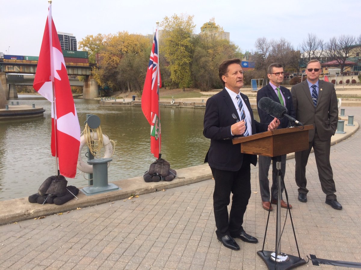 The Honourable Ron Schuler, Minister of Manitoba Infrastructure, speaks Wednesday at the Forks.