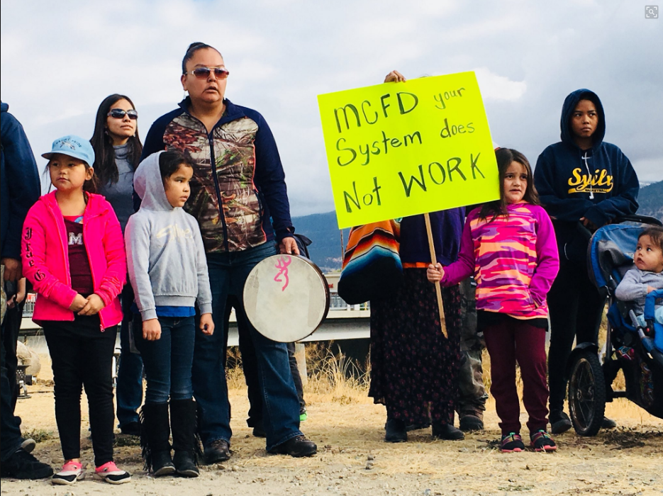 Mothers, grandmothers and children of the Penticton Indian Band march on local MCFD in protest of the handling of child protection cases.