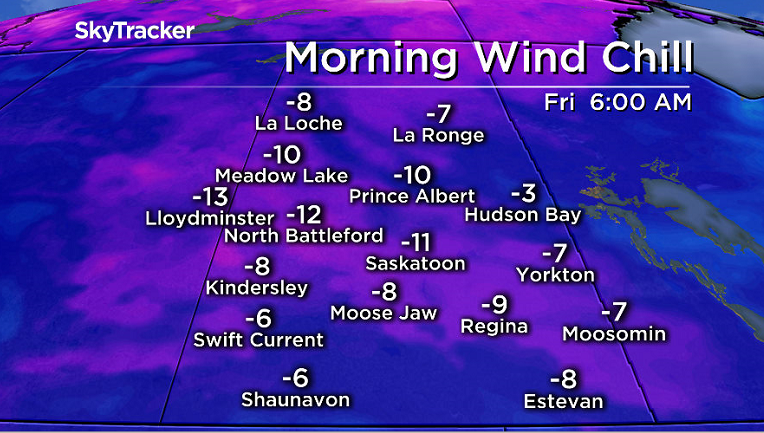 Minus double digit wind chills are expected in Saskatoon Friday morning