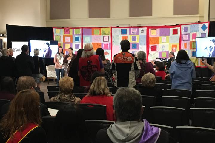 Qajaq Robinson and Michèle Audette speak to the families of missing and murdered indigenous women and girls during the inquiry\’s opening ceremonies in Membertou, N.S.
