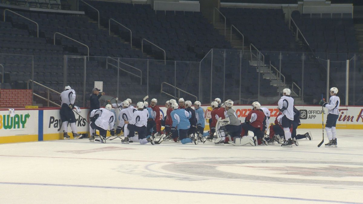 The Manitoba Moose getting ready for the home opener during practice Thursday. 