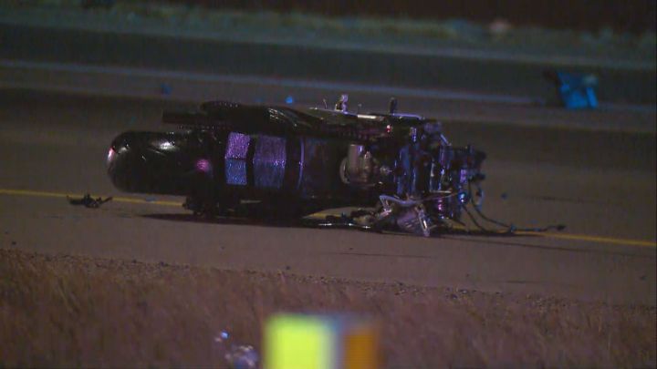 A motorcycle at the scene of a crash on Anthony Henday Drive in southwest Edmonton.