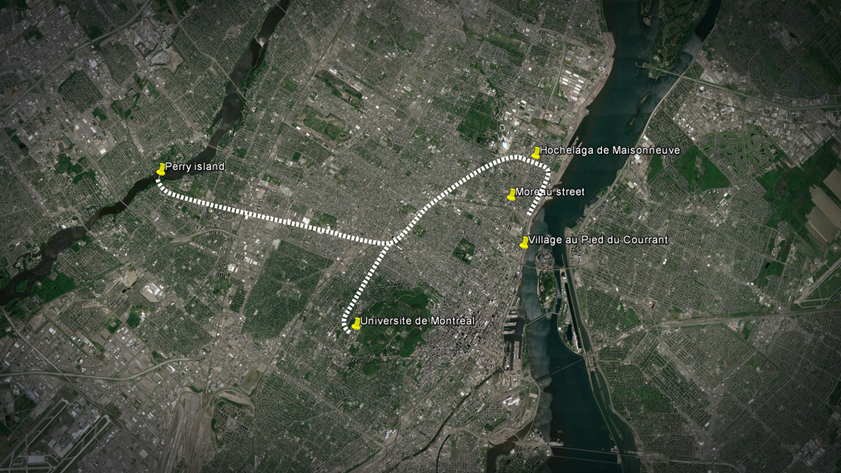 An approximate route of the proposed bike path linking the Rivière des Prairies to the Saint Lawrence River.