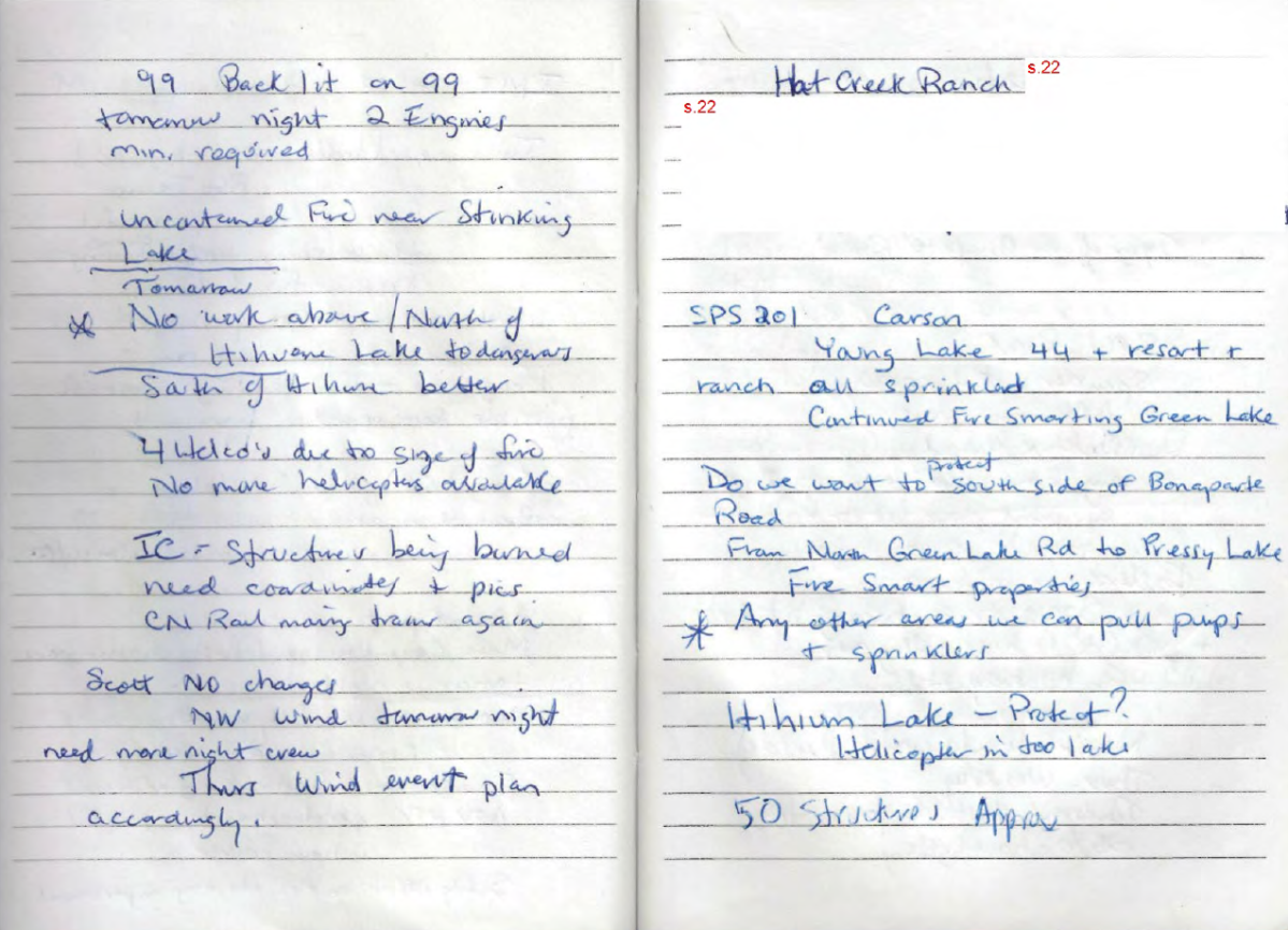 A notebook in which an incident commander asks, \”Do we want to protect south side of Boneaparte Road from North Green Lake Road to Pressy Lake.\”