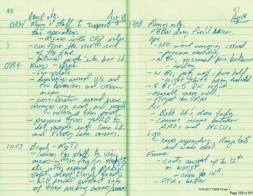 A notebook from a FOI request looking into what happened in Pressy Lake, a B.C. community that was hit hard by wildfire.