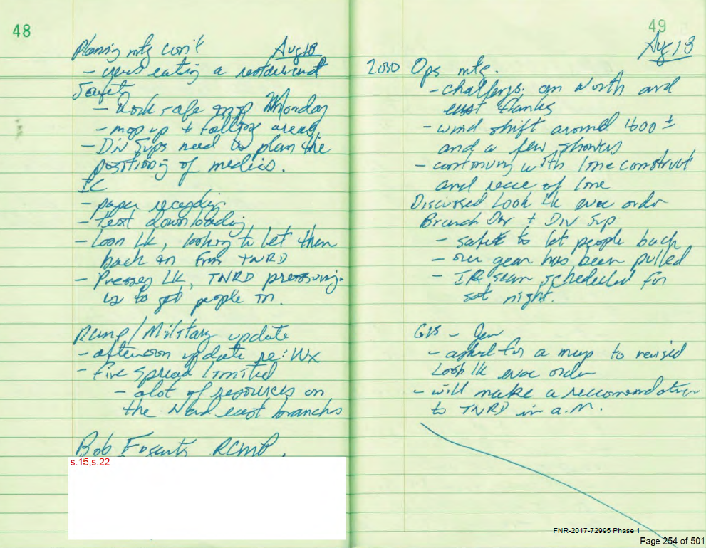 A notebook from a FOI request that looked into what happened in Pressy Lake, a B.C. community that was hit hard by wildfire.