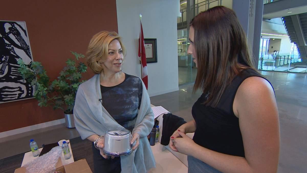 Nova Scotia Power president and CEO Karen Hutt shows one of the new smart meters the company hopes to install in the province.