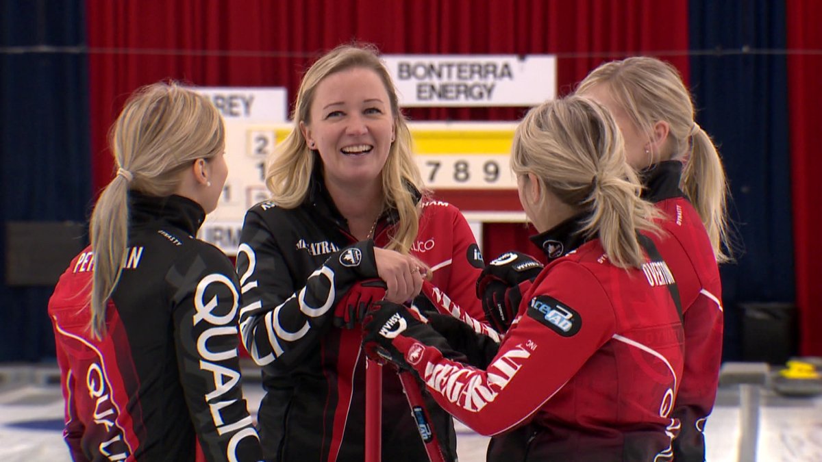 Skip Chelsea Carey shares a laugh with teammates at the Autumn Gold Curling Classic.