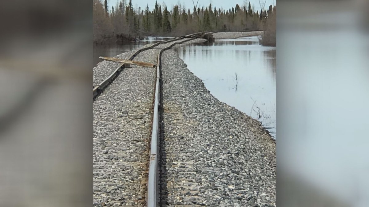 The flooded OmniTrax rail line from Gillam to Churchill. 