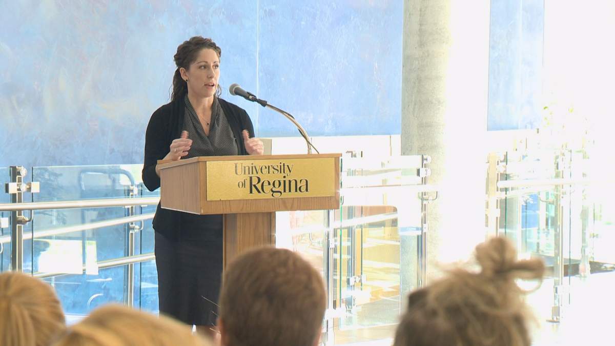 Crystal Giesbrecht of the Provincial Association of Transition Houses and Services goes over their intimate partner violence study results. 