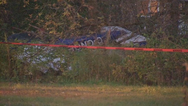 Three men were injured after a plane landed in a thicket of trees on private property in Saint-Lazare. Saturday, Oct. 21, 2017.