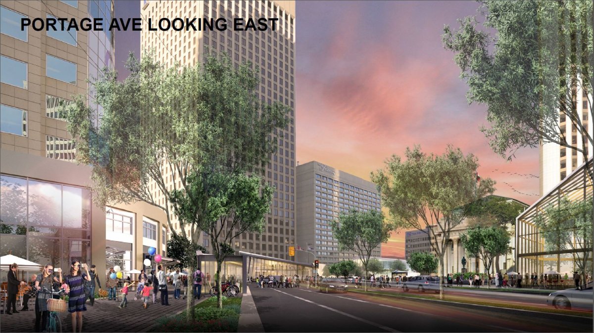 An artist's rendering shows Portage Avenue facing east after the proposed changes to Portage and Main. 