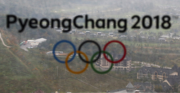 The PyeongChang 2018 Winter Olympic Games logo is seen at the the Alpensia Ski Jumping Centre in South Korea, September 27, 2017.  