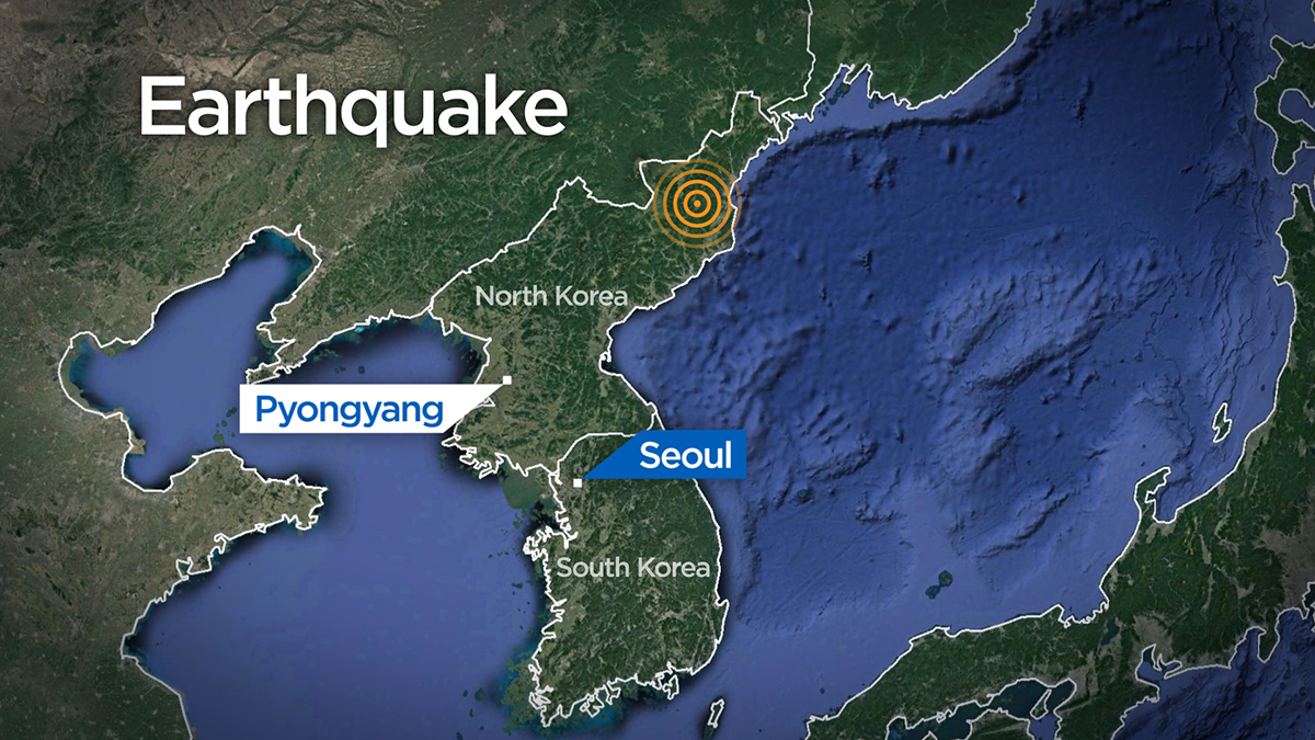 A map showing the location of the latest earthquake in northeastern North Korea.