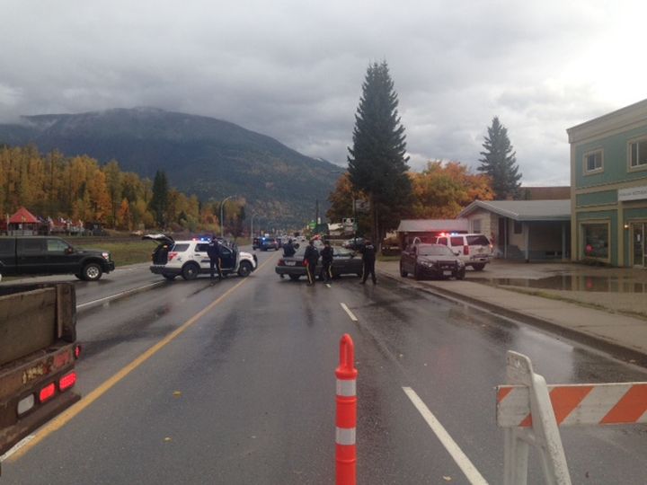 An occupant in the small silver car was pulled over by police in Revelstoke, B.C. on Oct. 17, 2017.  