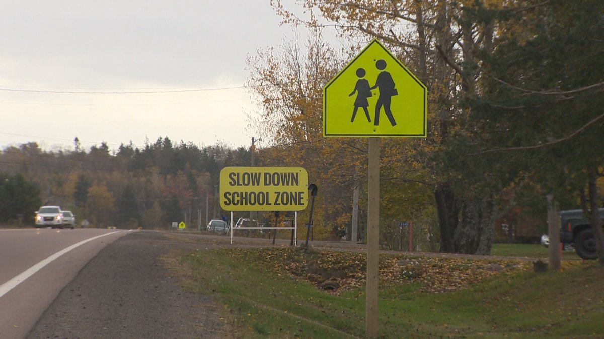 School zone signs outside Magnetic Hill School in Moncton, NB.