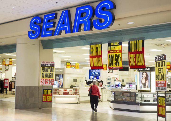 Closing down signs and discounts are shown at a Sears store in the Fairview mall in Montreal, Tuesday, October 24, 2017. 