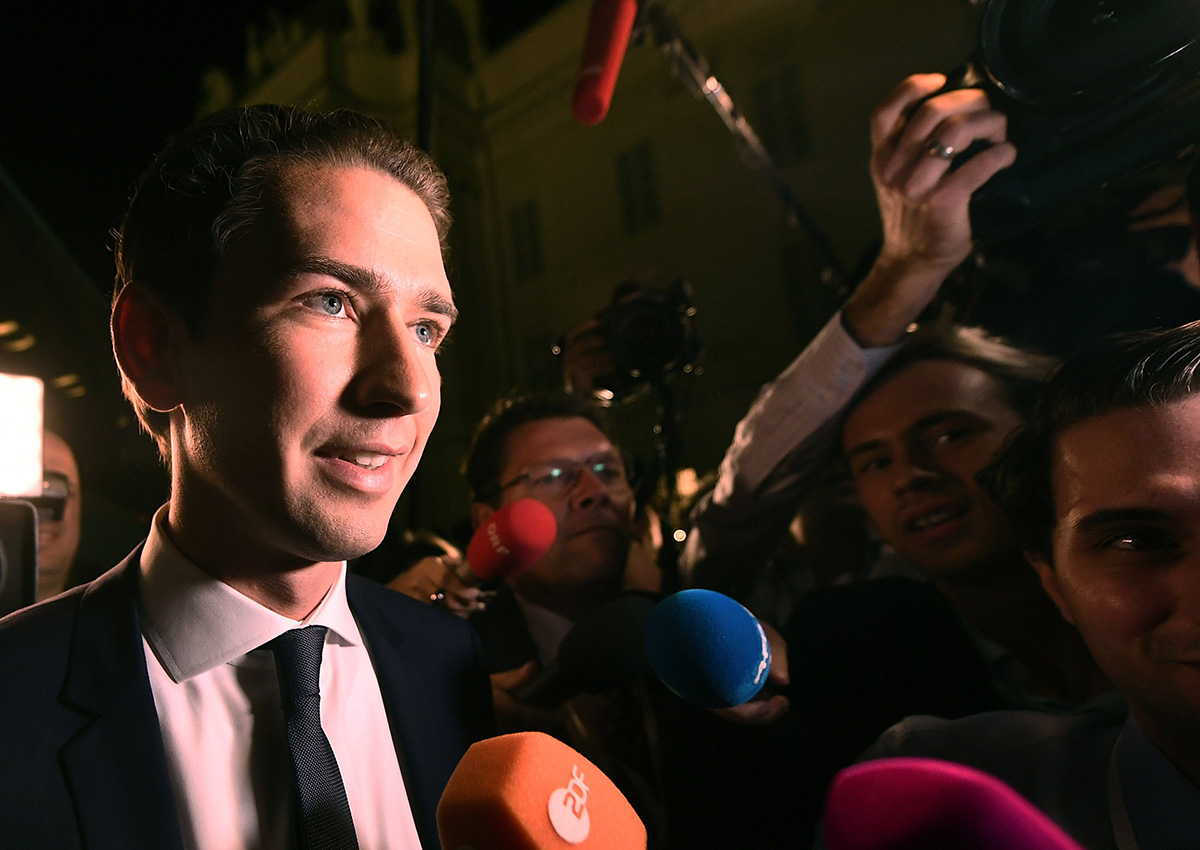 Austrian Foreign Minister Sebastian Kurz (L), the leader and top candidate of the Austrian Peoples Party (OeVP), arrives for a TV interview in Vienna, Austria, 15 October 2017. 