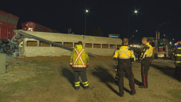A train hit a semi truck on Lethbridge’s north side, leaving it on its side on Wednesday night.