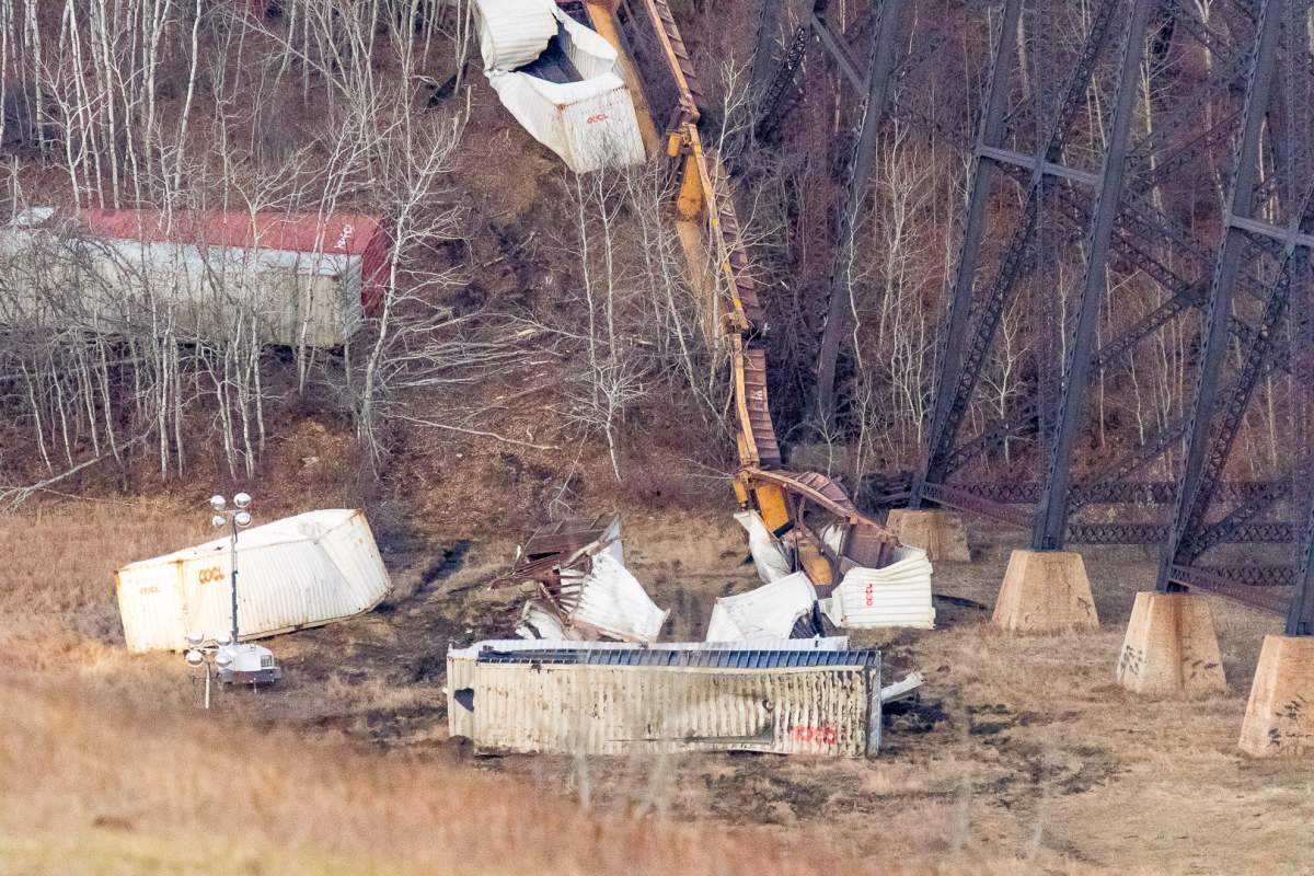 13 train cars derailed on CN Rail’s Fabyan trestle bridge near Wainwright, Alta. on Tuesday, October 17, 2017.