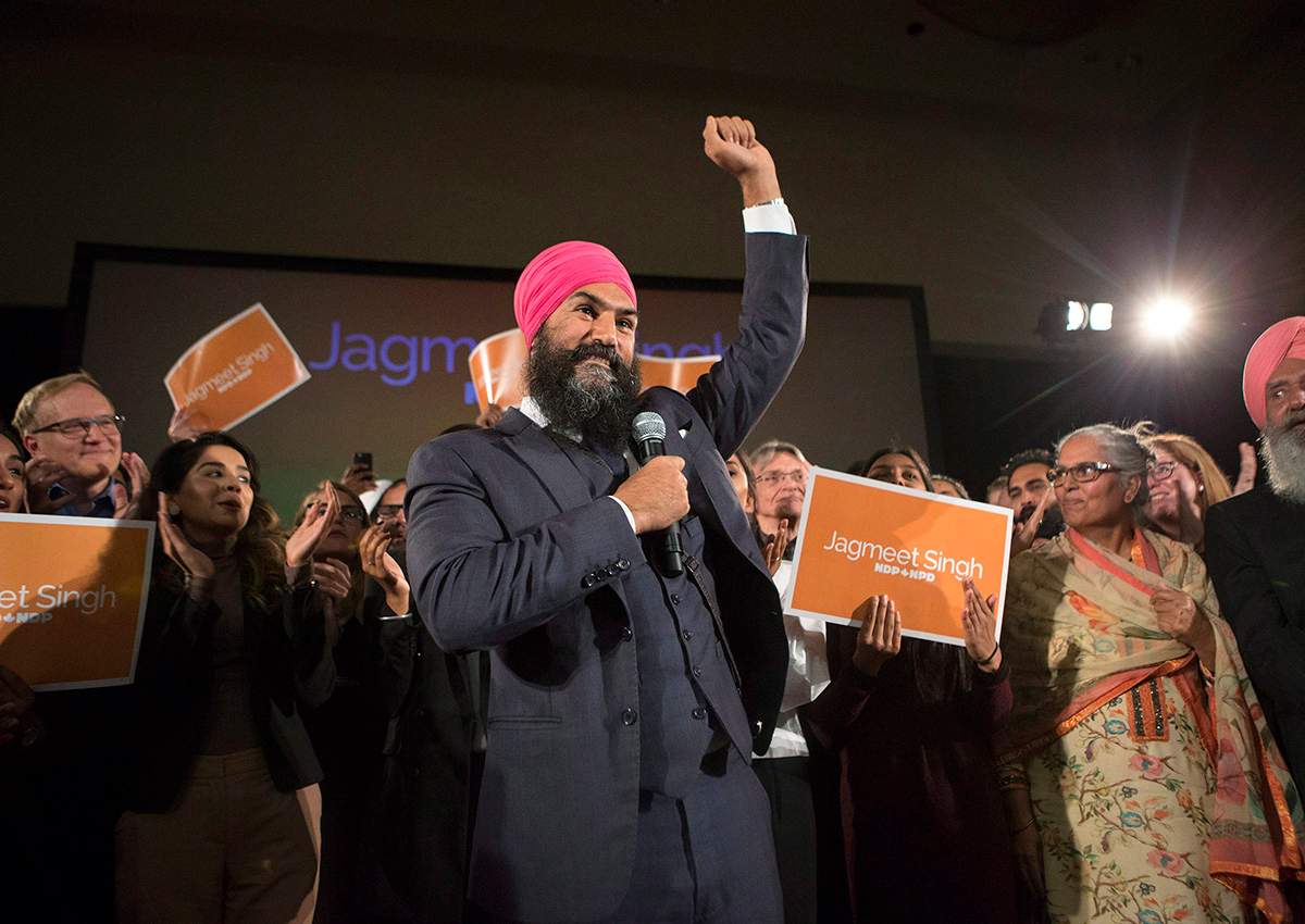 Jagmeet Singh celebrates with supporters after winning the first ballot in the NDP leadership race to be elected the leader of the federal New Democrats in Toronto on Sunday, October 1, 2017. 