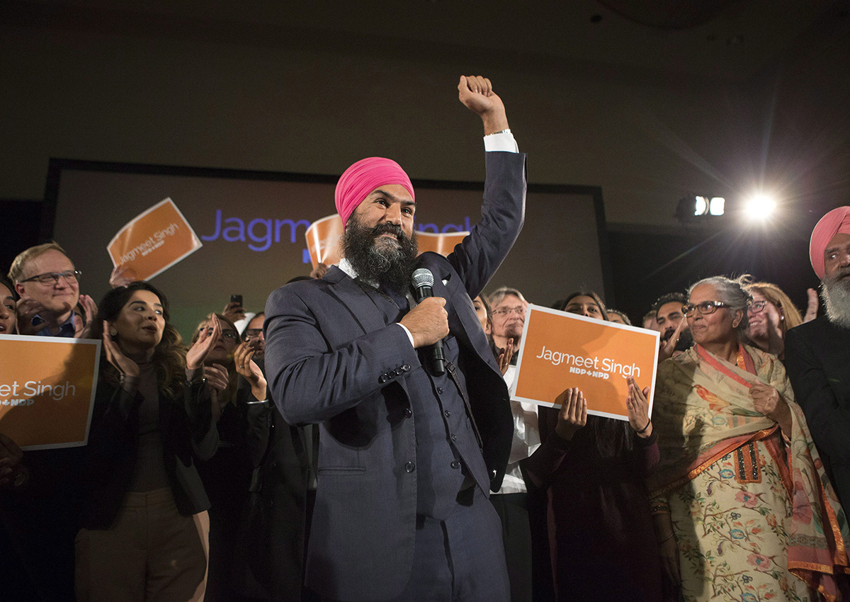 Jagmeet Singh celebrates with supporters after winning the first ballot in the NDP leadership race to be elected the leader of the federal New Democrats in Toronto on Sunday, October 1, 2017. 