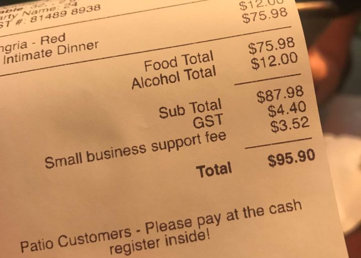 A "small business support fee" seen on a Calgary restaurant bill.