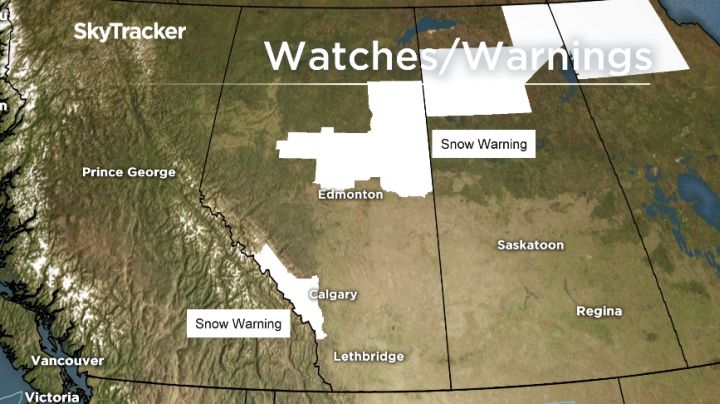 Snow warnings have been issued for parts of Alberta Wednesday.