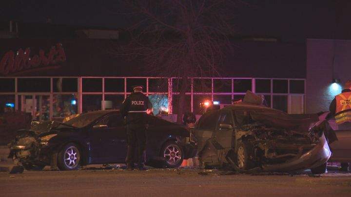 According to police, officers were called to a crash involving four vehicles at 51 Avenue and 99 Street shortly after 8 p.m. They said a westbound vehicle appeared to crash into three other vehicles that were stopped at a light.