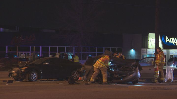 According to police, officers were called to a crash involving four vehicles at 51 Avenue and 99 Street shortly after 8 p.m. They said a westbound vehicle appeared to crash into three other vehicles that were stopped at a light.