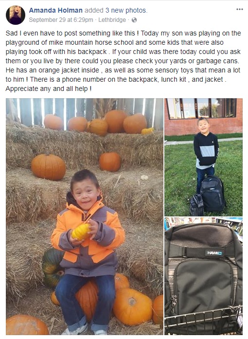Lethbridge mom searches for backpack stolen from west-side playground - image