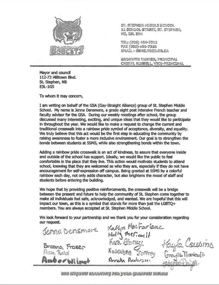 A copy of the letter submitted by the students at St. Stephen Middle School to town council.