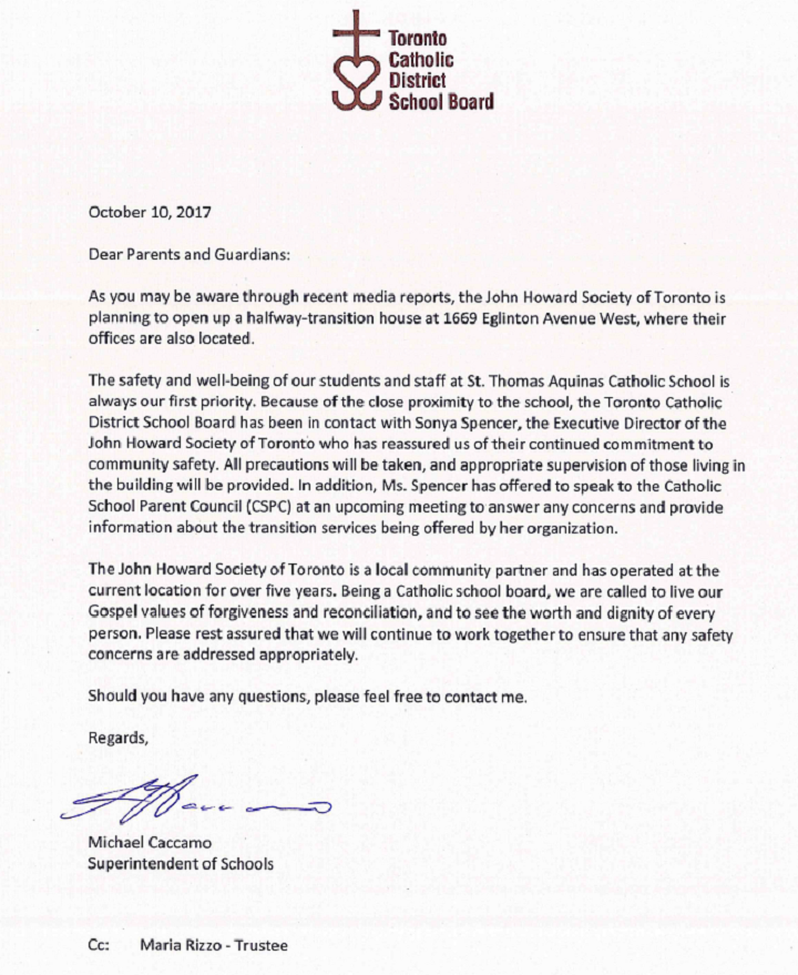 Copy of the letter sent home to parents from the Toronto District School Board