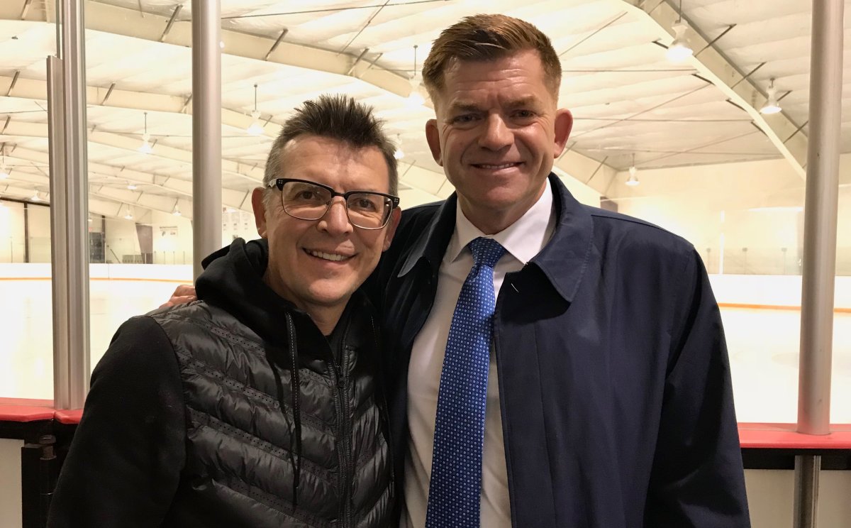 Theo Fleury endorses Brian Jean for leadership of the United Conservative Party at a news conference in Calgary on Oct. 25.