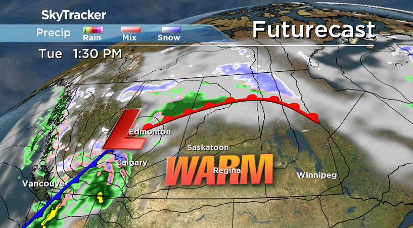 There will be a kick of warm air out ahead of a system sliding into Alberta on Tuesday.