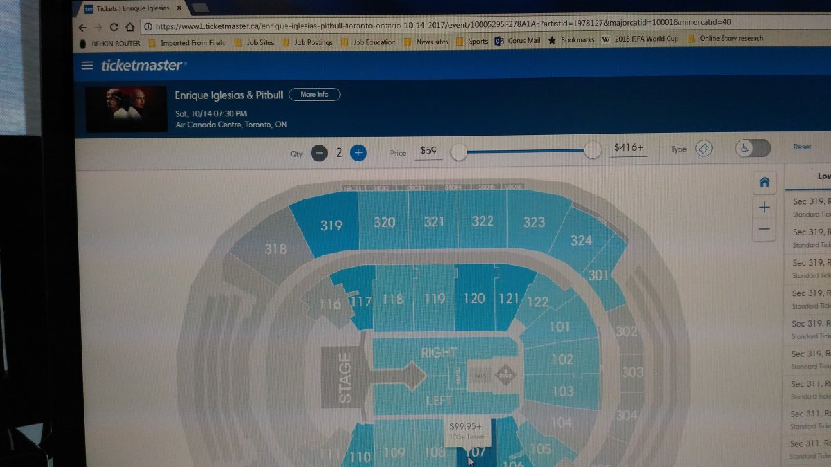 Enrique Iglesiais and Pitbull tickets offered for sale through Ticketmaster website.