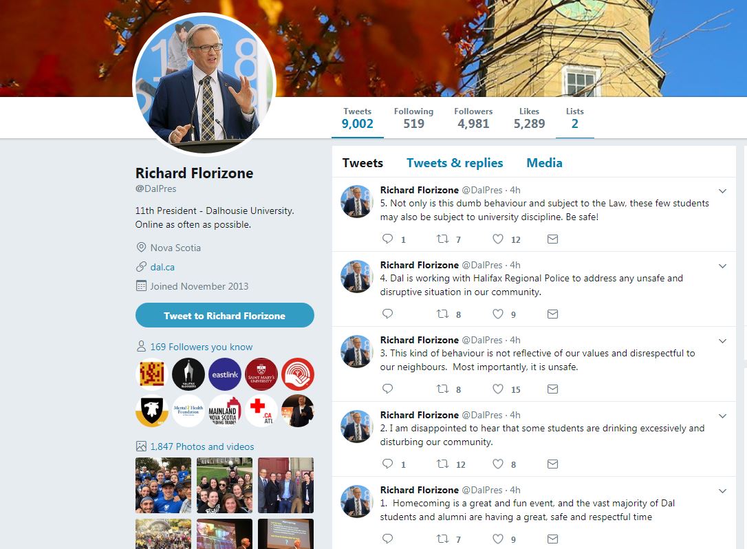 Dalhousie University president Richard Florizone commented on the homecoming parties on Twitter on Saturday afternoon.