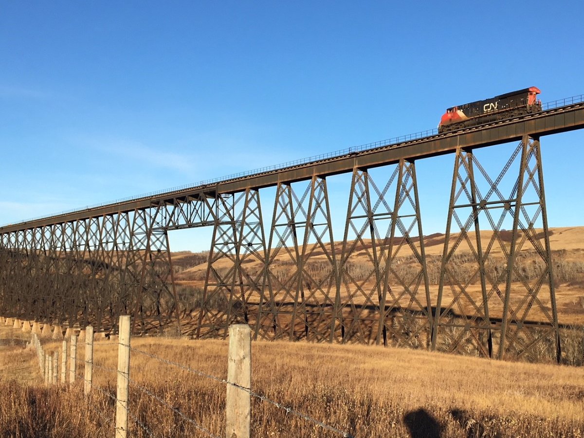13 train cars derail off historic CN trestle bridge near Wainwright in