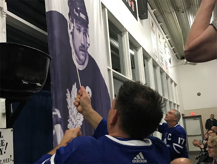 An original Wendel Clark banner from the Air Canada Centre was raised in the hometown of the retired Toronto Maple Leafs captain.