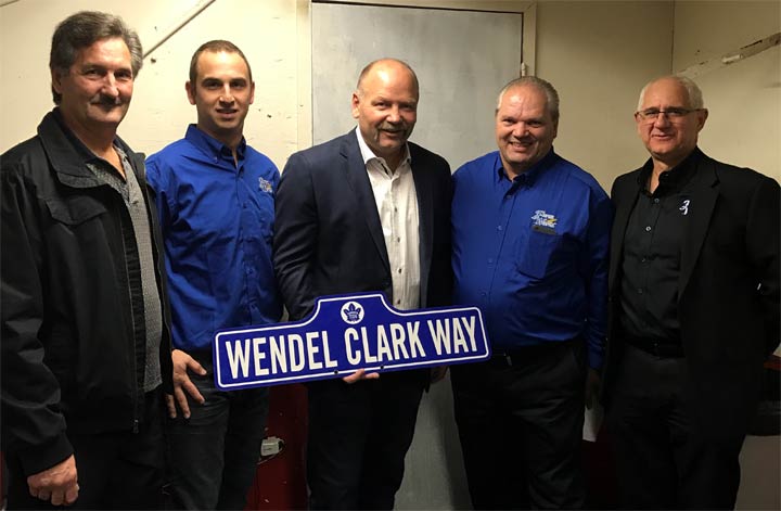 Wendel Clark (centre) was honoured by his hometown of Kelvington, Sask., on Oct. 21, 2017.