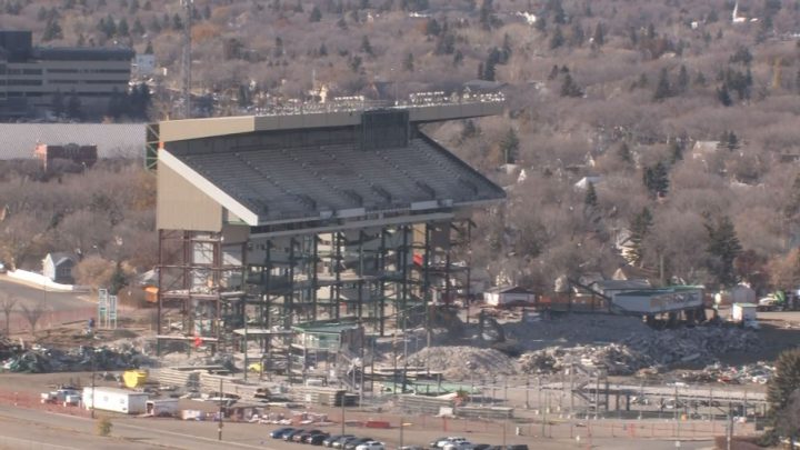 The grandstand at historic Mosaic Stadium is coming down on Friday afternoon.