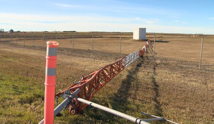 A communication tower outside of Milden, Sask., was knocked over by a strong wind gusts on Wednesday morning.